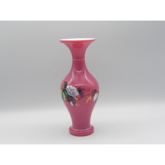 Vintage Hand Blown Cased Glass Vase Pink Hand Painted Enamel Flowers 8 3/4" H - Picture 2 of 9